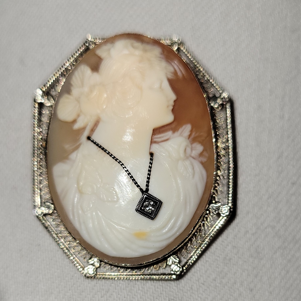 Antique Cameo Brooch - Art Deco 14k White Gold Carved Shell Pin Pendant 